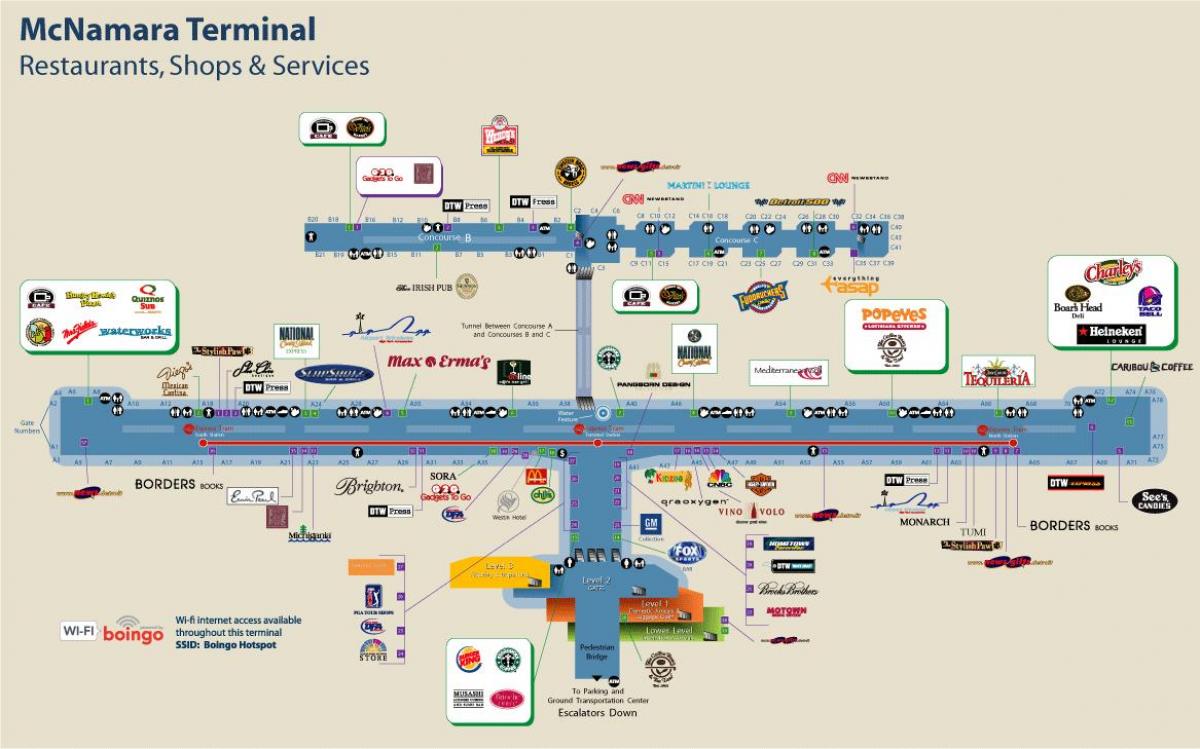 Detroit Aeroporto restaurante mapa